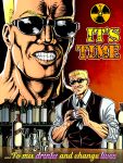  1boy alcohol bartender black_neckwear black_vest blonde_hair bottle clock cocktail_glass counter cup drinking_glass duke_nukem duke_nukem_(character) english_text glass highres male_focus meme multiple_views radiation_symbol reflection smile substance20 sunglasses teeth upper_body vest wine_bottle 