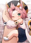  1girl animal_ear_fluff animal_ears arm_hug bangs bare_shoulders blush cat_ears cat_girl cat_tail closed_mouth commentary detached_sleeves diona_(genshin_impact) genshin_impact gloves hair_ornament highres j2l looking_at_viewer no_shoes pink_hair pov puffy_shorts shirt short_eyebrows shorts sleeveless sleeveless_shirt solo_focus tail 