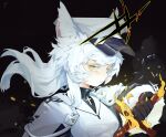  1girl alchemy_stars animal_ears black_background black_gloves cape coat commentary_request cross eyebrows fire gloves highres holding holding_sword holding_weapon long_hair looking_at_viewer philyshy_(alchemy_stars) signature solo sparks sword tt_(yace3857) weapon white_cape white_coat white_hair white_headwear yellow_eyes 