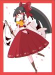  1girl armpits bangs black_hair boots bow brown_footwear detached_sleeves frilled_bow frills gohei hair_bow hair_tubes hakurei_reimu highres japanese_clothes long_hair miko nontraditional_miko op_na_yarou red_bow red_eyes ribbon-trimmed_sleeves ribbon_trim sidelocks skirt skirt_set touhou yellow_neckwear 