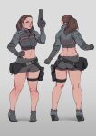  1girl ass breasts brown_eyes brown_hair fanny_pack full_body gloves gun highres holding holding_gun holding_weapon holster long_hair looking_at_viewer medium_breasts multiple_views navel original ponytail short_shorts shorts simple_background smile solo standing thigh_holster toned weapon zerogravitas 