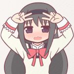  1girl akemi_homura arms_up bangs beige_background beige_vest black_hair blush bow bowtie collared_shirt commentary_request double_v eyebrows_visible_through_hair hair_between_eyes hair_ornament hairband long_hair long_sleeves mahou_shoujo_madoka_magica mitakihara_school_uniform no_nose outline purple_hairband red_bow red_outline school_uniform shirt sidelocks simple_background solo upper_body v vest violet_eyes wavy_mouth white_shirt yuno385 