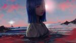  1girl album_cover bangs blue_eyes blue_hair blue_sky blunt_bangs boat choker closed_mouth clouds commentary cover day english_commentary highres jewelry lighthouse looking_at_viewer necklace ocean original outdoors partially_submerged petals petals_on_liquid rock sky solo sun wataboku watercraft 