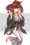  1girl ;d animal_ears bangs barefoot bath_yukata blush bottle brown_eyes brown_hair commentary_request eyebrows_visible_through_hair grey_background hair_between_eyes holding holding_bottle horse_ears horse_girl horse_tail japanese_clothes kimono long_sleeves looking_at_viewer nice_nature_(umamusume) one_eye_closed open_clothes open_mouth ouri_(aya_pine) smile solo striped tail twintails two-tone_background umamusume upper_teeth vertical-striped_kimono vertical_stripes white_background white_kimono yukata 