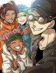  1boy 3girls ^_^ alternate_costume apex_legends baseball_cap black_headwear blonde_hair blue_sweater brown_hair closed_eyes dark_skin dark-skinned_female double_bun ear_piercing earrings facial_mark forehead_mark goggles green_hair green_headband grey_jacket hair_behind_ear hat headband highres hood hoodie jacket jewelry lifeline_(apex_legends) mozuwaka multiple_girls octane_(apex_legends) open_mouth piercing pink_hair rampart_(apex_legends) ribbed_sweater selfie short_hair side_ponytail smile star_(symbol) star_earrings sweater thumbs_up v wattson_(apex_legends) 