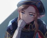  1boy artist_name bangs blonde_hair blue_eyes blue_headwear closed_mouth commentary_request expressionless gloves grey_background hand_on_own_chin head_rest highres link long_hair military military_uniform official_alternate_costume pointy_ears royal_guard_set_(zelda) seri_(yuukasakura) sidelocks signature solo the_legend_of_zelda the_legend_of_zelda:_breath_of_the_wild thinking uniform white_gloves 