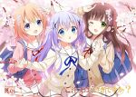  3girls :d :o ahoge backpack bag bangs beige_cardigan blue_eyes blue_ribbon blush brown_hair cardigan eyebrows_visible_through_hair flower gochuumon_wa_usagi_desu_ka? green_eyes hair_flower hair_ornament hairclip highres hime_cut holding_hands hoto_cocoa hoto_cocoa&#039;s_school_uniform kafuu_chino long_hair looking_at_viewer multiple_girls open_mouth orange_hair persona3232 pink_cardigan pleated_skirt purple_hair red_ribbon ribbon school_uniform skirt smile ujimatsu_chiya violet_eyes x_hair_ornament 