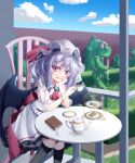  1girl ascot bat_wings black_legwear brick_wall closed_mouth clouds cup day dress fang feet_out_of_frame food hand_on_own_cheek hand_on_own_face hat highres holding holding_cup kneehighs macaron medium_hair mob_cap outdoors purple_hair red_eyes remilia_scarlet s_vileblood sitting skin_fang slit_pupils smile solo teacup teapot touhou white_dress wings 
