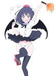  1girl absurdres bird_wings black_hair black_legwear black_ribbon black_skirt black_wings collared_shirt frilled_skirt frills geta hat hauchiwa highres kneehighs panties pom_pom_(clothes) red_eyes red_footwear ribbon shameimaru_aya shiisuu_rattamu shirt short_hair skirt tengu-geta tokin_hat touhou underwear upskirt white_panties white_shirt wind wind_lift wings 