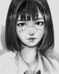 1girl bangs blunt_bangs bob_cut body_writing closed_mouth collared_shirt grey_background greyscale highres looking_at_viewer monochrome original portrait shirt solo upper_body wataboku wing_collar 