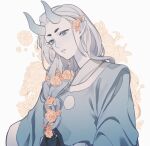  blue_eyes braid flower hair_over_shoulder horns long_hair parted_lips pink_flower pointy_ears shadow the_legend_of_luo_xiaohei upper_body vanya_r0712 xuhuai_(the_legend_of_luoxiaohei) 