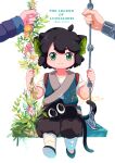  3boys animal_ears aqua_eyes black_footwear black_hair black_pants cat_boy cat_ears cat_tail child fengxi_(the_legend_of_luoxiaohei) flower full_body highres kisumi_rei luoxiaohei multiple_boys orange_flower pants pink_flower shoes short_hair short_sleeves signature sitting solo_focus swing tail the_legend_of_luo_xiaohei white_background white_flower wuxian_(the_legend_of_luoxiaohei) 