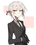  1girl black_gloves black_jacket black_neckwear buttoniris closed_mouth expressionless gloves grey_hair hair_ornament hair_stick jacket jitome looking_at_viewer necktie orange_eyes original shirt sidelocks solo steepled_fingers two_(buttoniris) white_shirt 