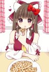  1girl :o animal_ears bare_shoulders blush bow breasts brown_hair cat_ears commentary_request curtains detached_sleeves eating food frilled_hair_tubes frills hair_bow hair_tubes hakurei_reimu heart highres holding holding_food indoors long_hair looking_at_viewer medium_breasts necktie open_mouth pie plaid red_bow red_vest solo stigma1101 table touhou upper_body vest violet_eyes window yellow_neckwear 