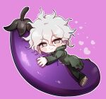  1boy bangs blush_stickers chibi commentary_request dangan_ronpa_(series) dangan_ronpa_2:_goodbye_despair eggplant full_body gwanlamcha heart hood hood_down komaeda_nagito long_sleeves looking_at_viewer lying male_focus messy_hair object_hug on_stomach outline pants pink_background shoes silver_hair simple_background smile solo white_hair white_outline 