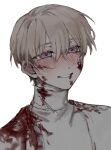  1boy blood blood_on_face bloody_clothes blush buttoniris commentary ear_blush english_commentary grey_hair grey_shirt hair_between_eyes looking_at_viewer male_focus nose_blush original shirt short_hair simple_background smile solo violet_eyes white_background 
