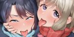 2girls black_hair blonde_hair blue_eyes blush cardigan character_request close-up copyright_request hair_ornament hairclip looking_at_viewer multiple_girls open_mouth pov scarf school_uniform short_hair smile tkhs tongue tongue_out violet_eyes