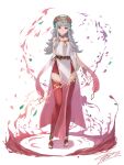  1girl absurdres arm_behind_back bangs choker expressionless eyebrows_visible_through_hair fire_emblem fire_emblem_heroes flower full_body gold_trim grey_hair hair_flower hair_ornament highres long_hair looking_at_viewer obsession official_alternate_costume red_eyes red_legwear sandals thigh-highs toes veronica_(fire_emblem) white_background 