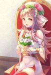  1girl bangs bare_shoulders chair choker eyebrows_visible_through_hair fire_emblem fire_emblem_heroes flower flower_pot grey_hair hair_flower hair_ornament headpiece highres holding holding_flower indoors long_hair looking_at_viewer official_alternate_costume red_eyes riou_(pooh920) sitting thigh-highs veronica_(fire_emblem) wall 