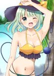  1girl ;d arm_above_head bikini black_headwear blurry blurry_background blush bow breasts collarbone day frills green_eyes green_hair hat hat_bow highres komeiji_koishi lake looking_at_viewer medium_breasts medium_hair midriff navel one_eye_closed open_mouth outdoors smile solo stigma1101 swimsuit touhou upper_body water yellow_bow 