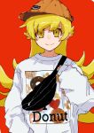  1girl arms_up bakemonogatari blonde_hair blush closed_mouth doughnut eyebrows_visible_through_hair fanny_pack food hair_between_eyes hair_ornament hairclip hand_up highres hood hoodie long_hair looking_at_viewer monogatari_(series) oshino_shinobu valhalla0707 