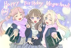  3girls :d ;d ^_^ ahoge alternate_costume anyoji_hime aqua_hair bag black_bag black_cardigan blazer blonde_hair blue_eyes blue_jacket blunt_bangs brown_hair cardigan character_age character_name closed_eyes commentary_request double_v fang floating_hair fujishima_megumi gradient_hair grey_cardigan grey_scarf grey_scrunchie grey_skirt hagisiri_kuma hair_intakes hair_ornament hair_scrunchie happy_birthday highres hood hood_down jacket link!_like!_love_live! locked_arms long_hair long_sleeves love_live! miniskirt mira-cra_park! multi-tied_hair multicolored_hair multiple_girls one_eye_closed open_clothes open_jacket open_mouth osawa_rurino parted_bangs pink_hair pink_scrunchie pleated_skirt ponytail purple_scarf purple_scrunchie scarf school_bag school_uniform scrunchie sidelocks skirt smile swept_bangs teeth twintails two_side_up upper_teeth_only v very_long_hair violet_eyes virtual_youtuber 