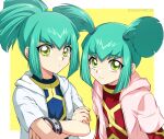  1boy 1girl 2020 aqua_hair bangs border brother_and_sister closed_mouth crossed_arms dated eyebrows_visible_through_hair green_eyes hood hooded_jacket jacket long_hair long_sleeves lua luca_(yu-gi-oh!) mini_(pixiv6327751) open_clothes open_jacket outside_border pink_jacket short_over_long_sleeves short_sleeves siblings smile solo twintails white_border white_jacket wristband yellow_background yu-gi-oh! yu-gi-oh!_5d&#039;s yuu-gi-ou yuu-gi-ou_5d&#039;s 