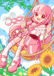  1girl absurdres ad ankle_socks bare_shoulders black_ribbon black_sash blue_sky blunt_bangs bow bow_legwear brown_eyes center_frills clouds collarbone commentary cross-laced_footwear day dot_nose english_commentary eyelashes field floating_hair flower flower_field forest frilled_shirt frilled_skirt frilled_sleeves frills full_body hair_ribbon happy highres infinity_nikki leaf light_blush long_hair long_sleeves looking_at_viewer low_twintails marikyuunn mary_janes medium_skirt nature nikki_(nikki) nikki_(series) off-shoulder_shirt off_shoulder official_art on_swing open_mouth outdoors pink_bow pink_flower pink_footwear pink_hair pink_skirt plant pleated_skirt ribbon sash shirt shoes sidelocks sitting skirt sky smile socks solo sunflower swinging tareme teeth twintails upper_teeth_only very_long_hair vines waist_sash wavy_hair white_flower white_shirt white_socks yellow_flower 