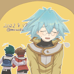  3boys black_sweater blue_hair brown_hair closed_eyes dated game_boy green_hair hair_between_eyes handheld_game_console jacket johan_andersen male_focus marufuji_sho moiko multiple_boys open_mouth red_jacket short_hair sweater yellow_background yellow_jacket yu-gi-oh! yu-gi-oh!_gx yuki_judai 