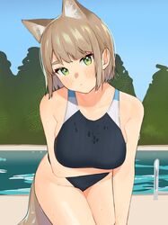  1girl absurdres animal_ears arm_under_breasts breast_hold breasts brown_hair commentary_request cowboy_shot eyebrows_visible_through_hair eyeliner green_eyes head_tilt highres large_breasts leaning_forward looking_at_viewer makeup nezuko one-piece_swimsuit original outdoors poolside short_hair solo swimsuit tail thick_eyebrows wet wet_hair 