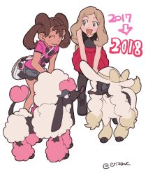  2017 2018 2girls black_footwear black_shirt black_thighhighs blonde_hair brown_eyes brown_hair closed_eyes dark-skinned_female dark_skin denim denim_shorts dog elizabeth_(tomas21) eyelashes full_body furfrou furfrou_(debutante) furfrou_(heart) highres long_hair looking_at_another multiple_girls open_mouth pink_fur pink_shirt pokemon pokemon_(creature) pokemon_xy poodle red_eyes red_skirt serena_(pokemon) shauna_(pokemon) shirt shorts simple_background skirt sleeveless sleeveless_shirt standing thigh-highs twintails white_background white_bag white_fur yellow_fur 