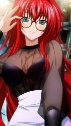  1girl black_bra glasses green_eyes high_school_dxd redhead rias_gremory see-through_clothes smile solo 