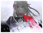  1girl blonde_hair cape closed_mouth cravat edelgard_von_hresvelg fire_emblem fire_emblem:_three_houses garreg_mach_monastery_uniform gloves hair_ornament hair_ribbon highres long_hair long_sleeves looking_at_viewer red_cape ribbon simple_background snow uniform violet_eyes vo1ez white_hair 