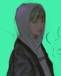  1girl black_jacket clothes_writing from_side green_background green_eyes green_hair heart_facial_mark highres hood hood_up hoodie jacket open_clothes open_jacket original parted_lips short_hair simple_background solo te&#039;resa wataboku white_hoodie 