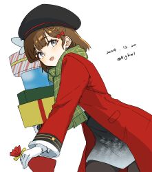  1girl absurdres asahi_(christmas_mode)_(kancolle) asahi_(kancolle) bigkwl black_hat braid brown_hair coat dated gloves green_scarf grey_eyes hair_ribbon hat highres kantai_collection long_sleeves official_alternate_costume red_coat ribbon scarf short_hair single_braid solo white_background white_gloves 