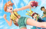  1girl 2boys :d ash_ketchum bag bangs bare_arms baseball_cap black_hair black_shirt brock_(pokemon) brown_hair clenched_hand clouds commentary_request day eyelashes fingerless_gloves from_below gen_1_pokemon gloves green_gloves green_shorts grey_eyes hair_between_eyes hand_up hat highres holding holding_poke_ball jacket kibisakura2 misty_(pokemon) multiple_boys on_head open_clothes open_jacket open_mouth orange_hair outdoors perspective pikachu poke_ball pokemon pokemon_(anime) pokemon_(classic_anime) pokemon_(creature) pokemon_on_head shirt short_hair shorts sky smile spiky_hair suspender_shorts suspenders tongue upper_teeth yellow_shirt 