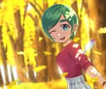  1girl blurry blurry_background dappled_sunlight eyebrows_visible_through_hair futomayu-chan_(sinohira_rin) ginkgo green_eyes green_hair grey_skirt highres looking_at_viewer one_eye_closed open_mouth original outdoors plaid plaid_skirt red_shirt shirt shirt_tucked_in short_hair sinohira_rin skirt smile solo sunlight 