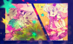  1girl alriune artist_name blue_border blue_hair blunt_bangs border bow bowtie cherry_blossoms circle_skirt commentary_request cowboy_shot cross-laced_clothes cross-laced_top elbow_gloves eye_socket eyelashes feather-trimmed_shirt floating_clothes floating_hair flower frilled_shirt frilled_skirt frills gloves hair_ornament happy hat heart heart_hair_ornament highres holding holding_staff large_hat light_blush lobotomy_corporation long_hair looking_ahead magical_girl miniskirt open_mouth parasite_tree_(project_moon) petals pink_bow pink_bowtie pink_flower pink_hat pink_shirt pink_skirt pleated_skirt project_moon queen_of_hatred shirt skirt sleeveless sleeveless_shirt smile sparkle staff star_(symbol) striped_clothes striped_skirt sun_hat tareme temari_momiji thigh-highs two_side_up vertical-striped_clothes vertical-striped_skirt white_gloves yellow_background yellow_eyes 