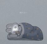  :&lt; ayu_(mog) cellphone dot_nose grey_background holding holding_phone kotatsu lying no_humans on_side original phone pillow rabbit signature simple_background smartphone solo table translation_request under_covers wide-eyed 