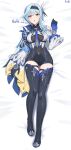  1girl :o absurdres bed_sheet black_gloves black_legwear blue_hair blue_neckwear bodystocking boots breasts cape character_name dakimakura_(medium) dated eula_(genshin_impact) full_body genshin_impact gloves hair_ornament hfp~kubiao highres long_sleeves looking_at_viewer lying medium_breasts necktie on_back open_mouth skindentation solo thigh-highs thigh_boots thigh_strap violet_eyes wide_sleeves 
