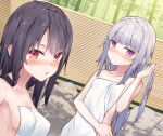  2girls bamboo bamboo_forest bangs black_hair blunt_bangs blush breasts closed_mouth collarbone commentary_request covering day eyebrows_visible_through_hair fence forest grey_hair hair_between_eyes hand_in_hair hand_up long_hair multiple_girls nature nude_cover onsen original outdoors parted_lips red_eyes small_breasts tokuno_yuika towel upper_body very_long_hair violet_eyes wet wet_hair 
