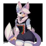  1girl 2021 animal_ear_fluff animal_ears artist_self-insert beak bird_girl collar contrapposto cowboy_shot fictional_persona furry highres hybrid looking_at_viewer original short_hair shorts silver_hair simple_background solo spanish_commentary tail tank_top tanookiluna twitter_username 