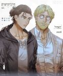  2boys blonde_hair brothers brown_hair brown_jacket collarbone eren_yeager glasses green_eyes highres hood hooded_jacket jacket looking_at_another male_focus mappo_m2 multiple_boys open_clothes open_jacket paradis_military_uniform partially_unbuttoned round_eyewear shingeki_no_kyojin shirt short_hair siblings smile spoilers upper_body white_shirt zeke_yeager 