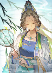  1girl absurdres beizi_(clothing) brown_hair chinese_clothes closed_eyes closed_mouth dress earrings facial_mark flower forehead_mark hair_flower hair_ornament hanfu highres holding jewelry long_hair long_sleeves necklace original sash sidelocks_tied_back smile solo tassel titaniumtai topknot tuanshan upper_body willow 