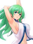 1girl arm_behind_head armpits arms_up bangs bare_shoulders blush breasts commentary_request eyebrows eyebrows_visible_through_hair eyelashes from_side green_eyes green_hair hair_ornament kochiya_sanae large_breasts long_hair looking_at_viewer looking_to_the_side navel open_clothes open_vest parted_lips sideboob simple_background snake_hair_ornament solo stomach stretch tohoho_(hoshinoyami) touhou upper_body vest white_background white_vest 