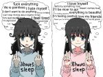  1girl aiu404l aliasing bags_under_eyes black_hair blue_eyes clothes_writing contrast double_v english_text hair_flaps jaggy_line messy_hair middle_finger multiple_views original ponytail profanity sidelocks sleepy sweater tired truth twintails v white_background 