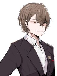  1boy absurdres bangs black_jacket brown_eyes brown_hair closed_mouth collared_shirt dress_shirt eyebrows_visible_through_hair formal hair_between_eyes highres jacket kagami_hayato kio_(yumekuikio) looking_at_viewer male_focus nijisanji shirt simple_background solo suit upper_body virtual_youtuber white_background white_shirt 