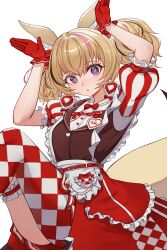 1girl absurdres ahaha_kun animal_ears arms_up black_hair blonde_hair checkered_thighhighs closed_mouth dress fox_ears fox_girl fox_tail highres hololive long_hair looking_at_viewer multicolored_hair official_alternate_costume omaru_polka omaru_polka_(6th_costume) pink_hair red_dress streaked_hair tail twintails two_side_up violet_eyes virtual_youtuber white_background