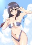  1girl ariake_(kancolle) bikini black_eyes black_hair blue_sky breasts clouds commentary_request cowboy_shot highres kamikitayotsuba kantai_collection large_breasts long_hair looking_at_viewer navel purple_bikini sky solo swimsuit v_over_eye 