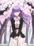  1girl absurdres black_jacket blue_eyes breasts cherry_blossoms dress fate/stay_night fate_(series) hair_ribbon heaven&#039;s_feel highres jacket large_breasts long_hair long_sleeves matou_sakura open_clothes open_jacket outdoors purple_hair red_ribbon ribbon smile solo tooku0 tree white_dress 